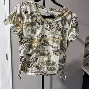 Caribbean Joe Cream and Brown Floral Short Sleeve Top